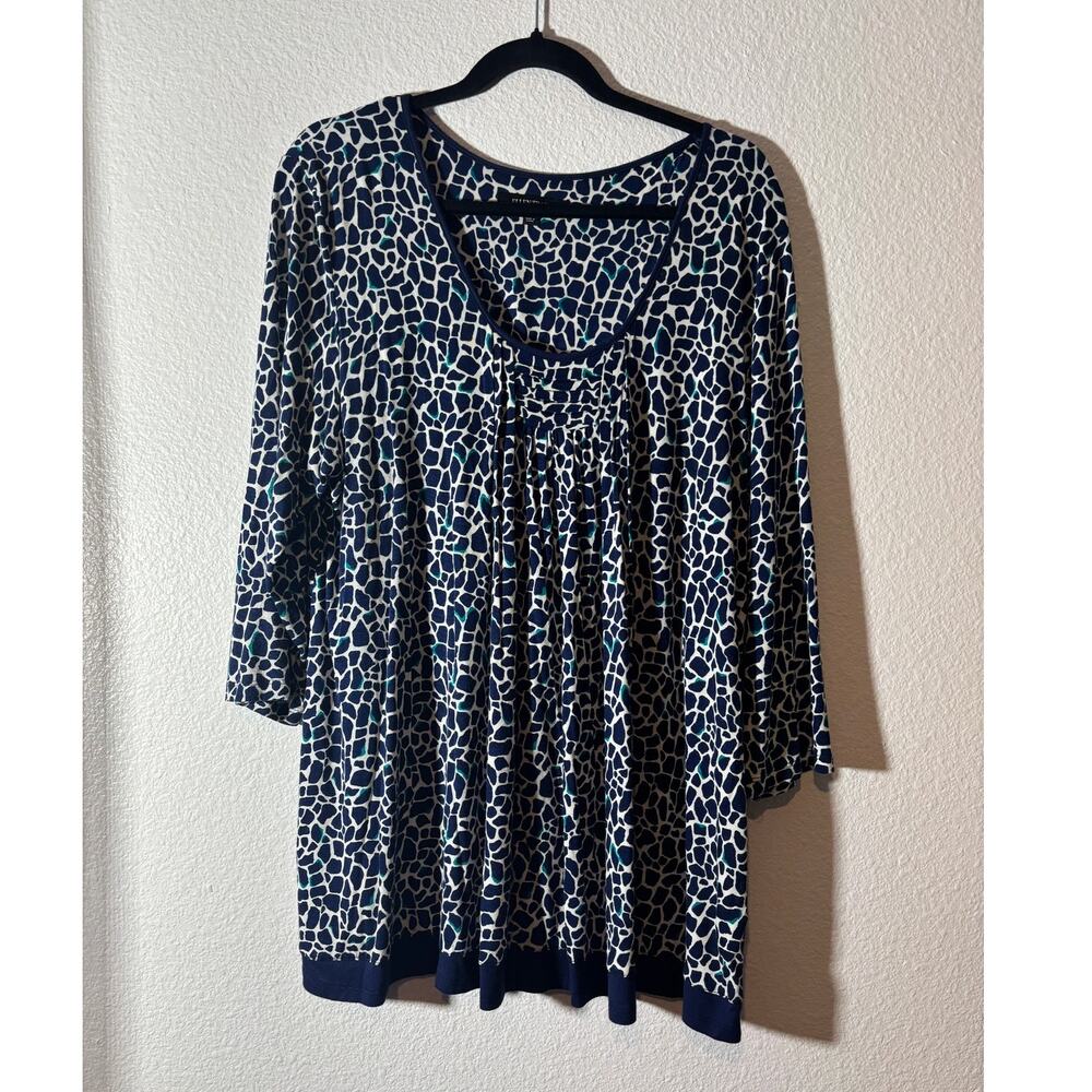 Ellen Tracy Womens Size L Blue Giraffe Animal Print Soft Stretch 3/4 Sleeves Top
